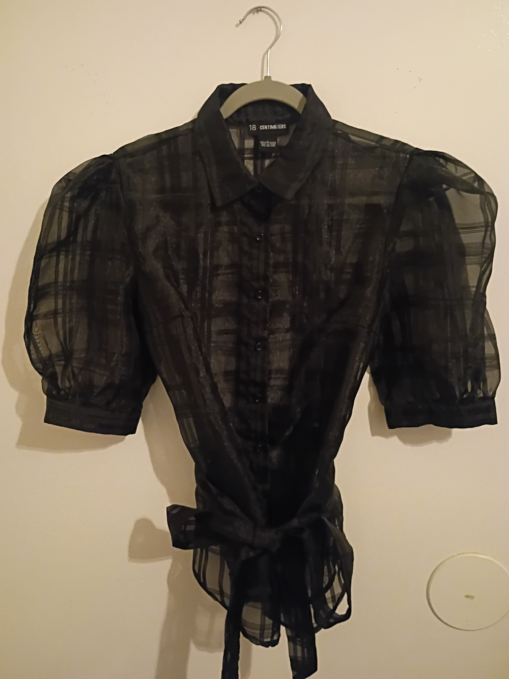 18 Centimeters Black Sheer Puff-Sleeve Tie-Waist Blouse Sheer Sz L